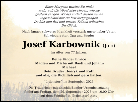 Traueranzeige von Josef Karbownik von Mecklenburger Schweiz