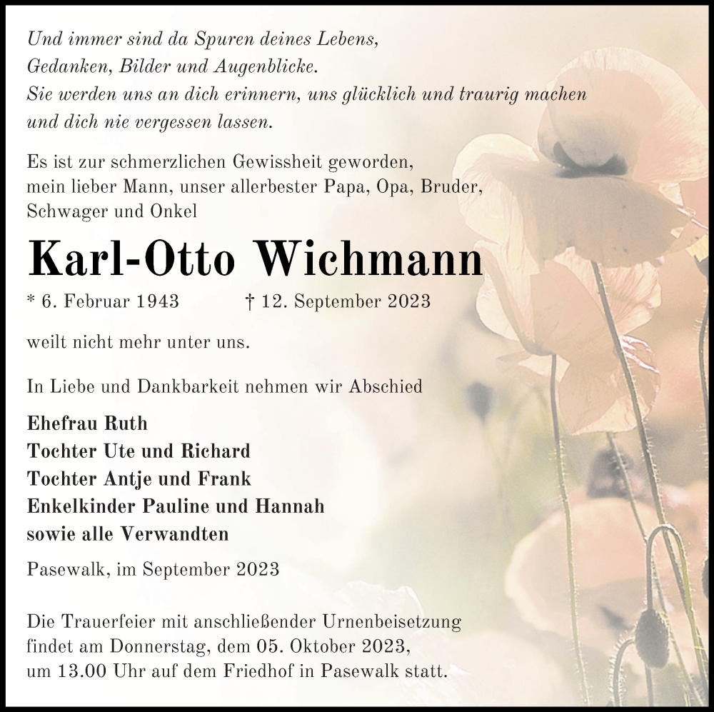  Traueranzeige für Karl-Otto Wichmann vom 16.09.2023 aus Pasewalker Zeitung