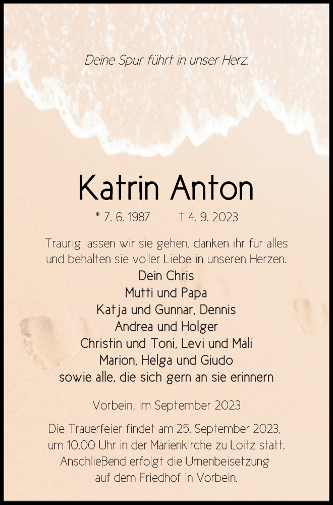  Traueranzeige für Katrin Anton vom 09.09.2023 aus Vorpommern Kurier