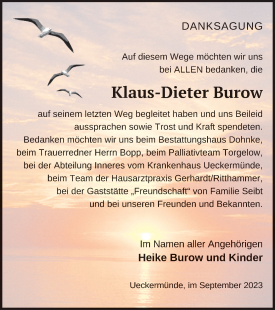 Traueranzeige von Klaus-Dieter Burow von Haff-Zeitung