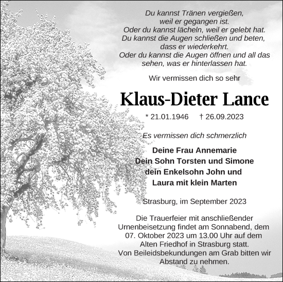 Traueranzeige von Klaus-Dieter Lance von Pasewalker Zeitung