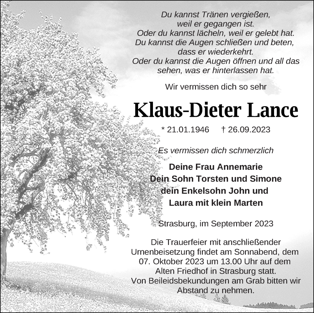  Traueranzeige für Klaus-Dieter Lance vom 30.09.2023 aus Pasewalker Zeitung