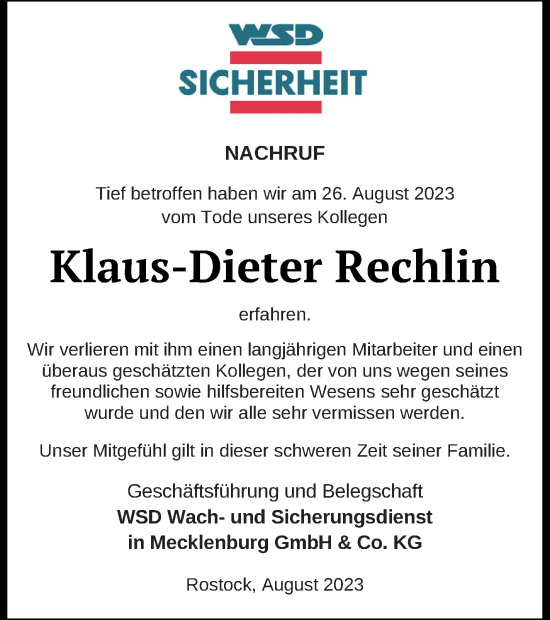 Traueranzeige von Klaus-Dieter Rechlin von Strelitzer Zeitung