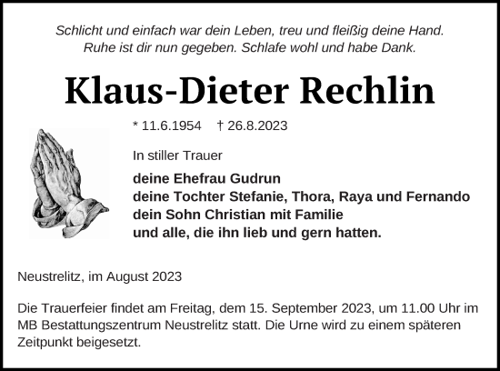 Traueranzeige von Klaus-Dieter Rechlin von Strelitzer Zeitung