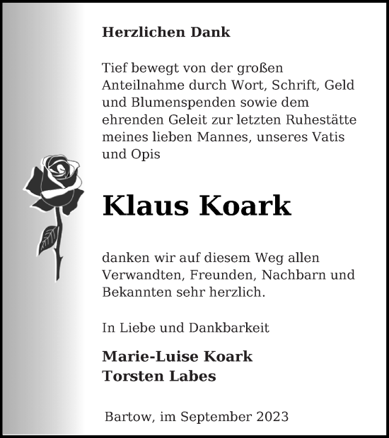 Traueranzeige von Klaus Koark von Vorpommern Kurier