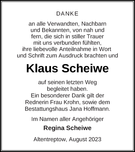 Traueranzeige von Klaus Scheiwe von Neubrandenburger Zeitung