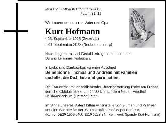 Traueranzeige von Kurt Hofmann von Vorpommern Kurier