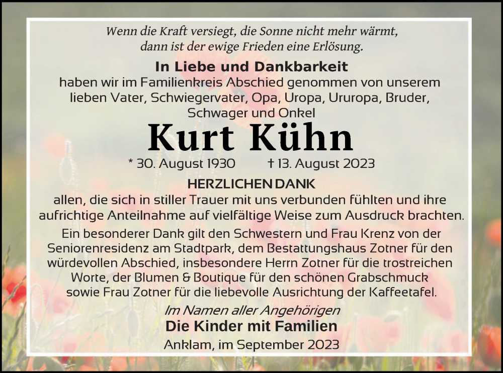  Traueranzeige für Kurt Kühn vom 02.09.2023 aus Vorpommern Kurier