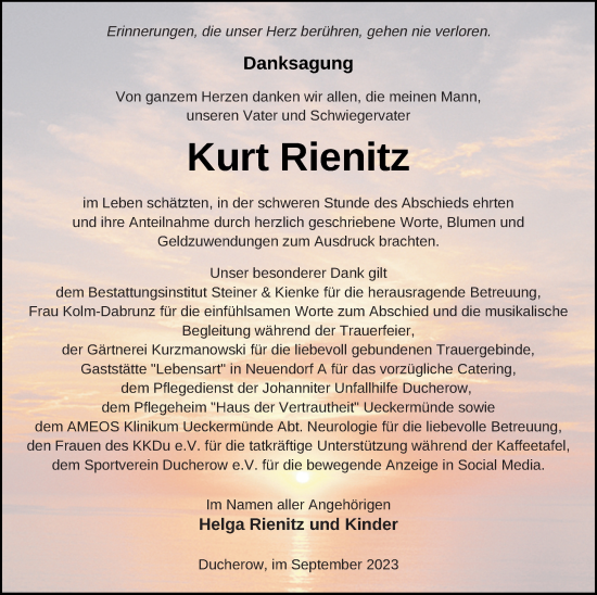 Traueranzeige von Kurt Rienitz von Vorpommern Kurier