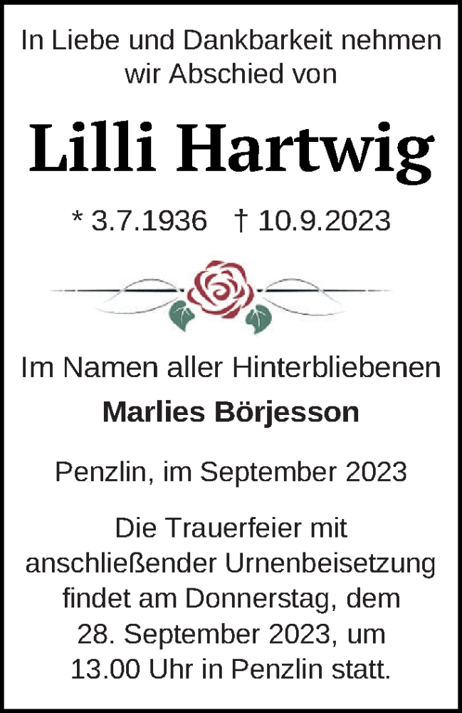  Traueranzeige für Lilli Hartwig vom 14.09.2023 aus Müritz-Zeitung