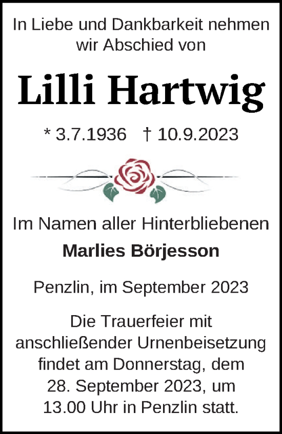 Traueranzeige von Lilli Hartwig von Müritz-Zeitung