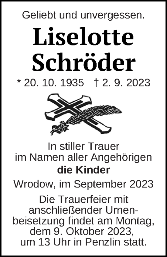 Traueranzeige von Liselotte Schröder von Müritz-Zeitung