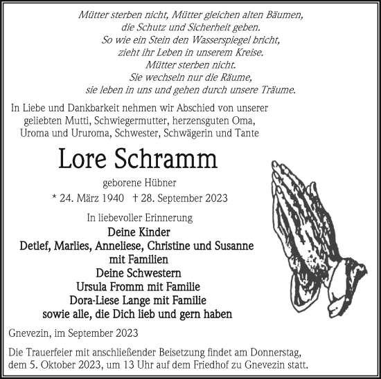 Traueranzeige von Lore Schramm von Vorpommern Kurier