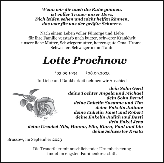 Traueranzeige von Lotte Prochnow von Pasewalker Zeitung