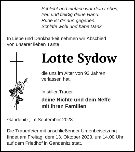 Traueranzeige von Lotte Sydow von Templiner Zeitung