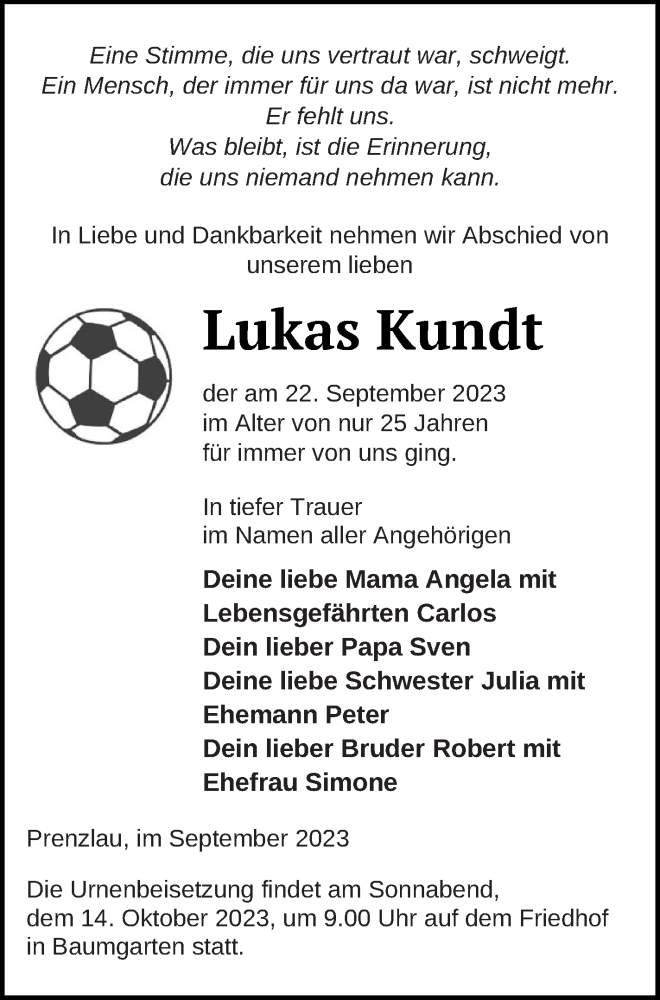  Traueranzeige für Lukas Kundt vom 30.09.2023 aus Prenzlauer Zeitung