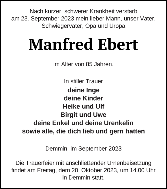 Traueranzeige von Manfred Ebert von Demminer Zeitung