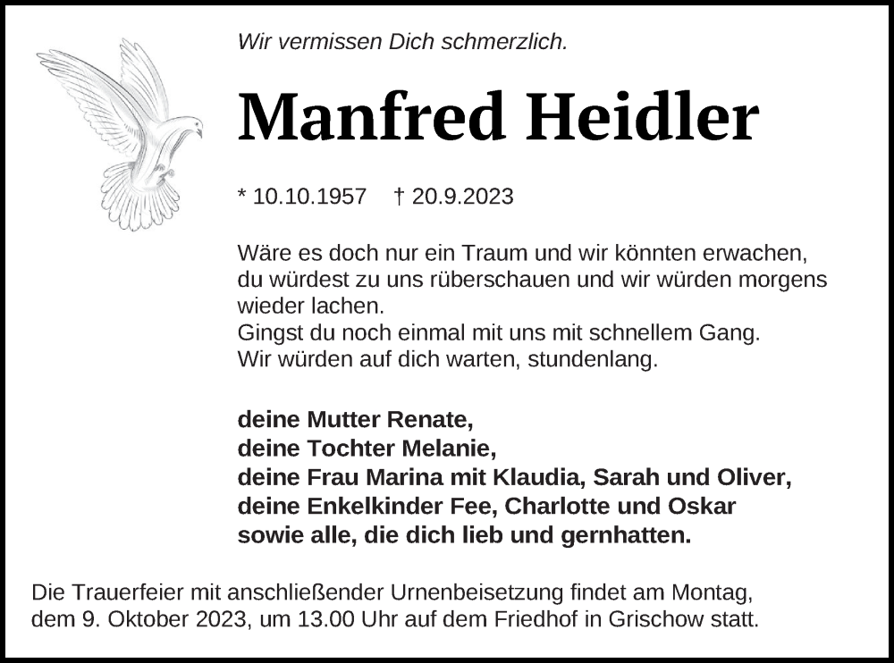  Traueranzeige für Manfred Heidler vom 27.09.2023 aus Neubrandenburger Zeitung