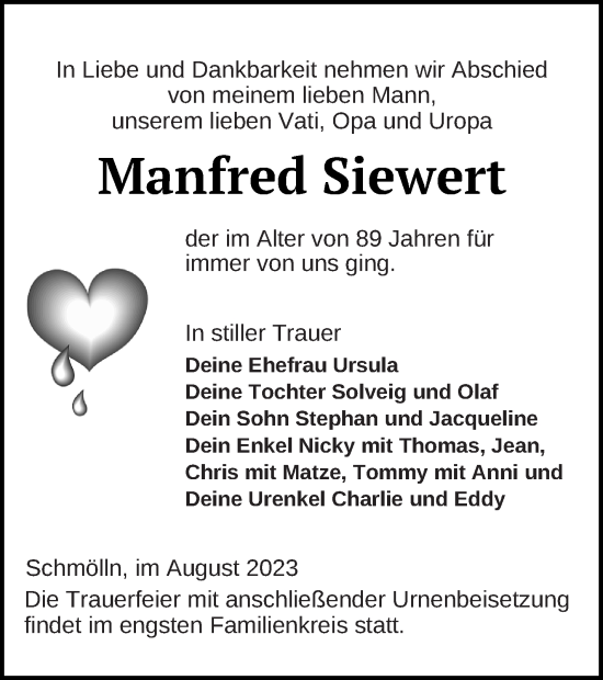 Traueranzeige von Manfred Siewert von Prenzlauer Zeitung