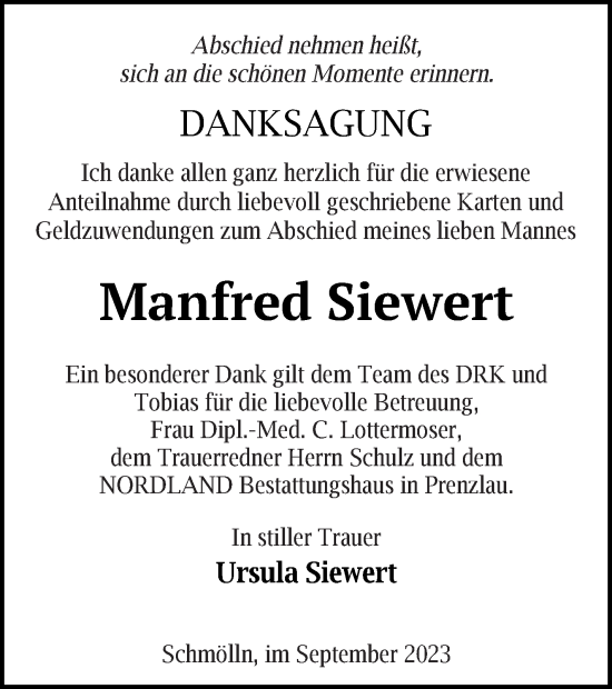 Traueranzeige von Manfred Siewert von Prenzlauer Zeitung