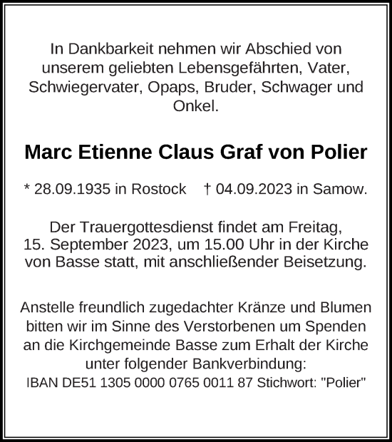 Traueranzeige von Marc Etienne Claus Graf von Polier von Mecklenburger Schweiz