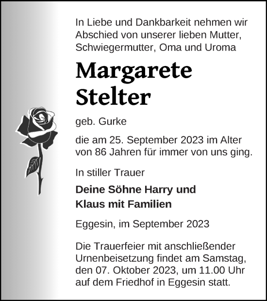 Traueranzeige von Margarete Stelter von Haff-Zeitung