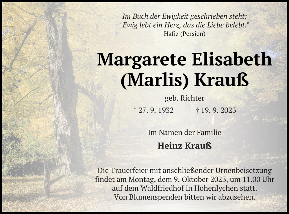  Traueranzeige für Margarete Elisabeth Krauß vom 26.09.2023 aus Templiner Zeitung