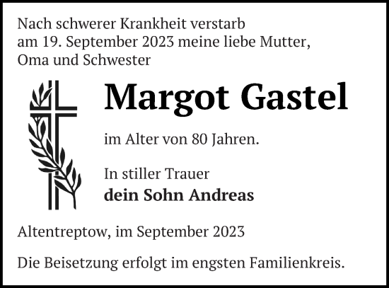 Traueranzeige von Margot Gastel von Neubrandenburger Zeitung