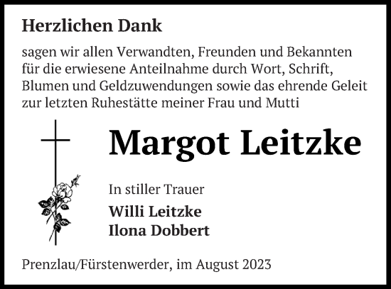 Traueranzeige von Margot Leitzke von Prenzlauer Zeitung