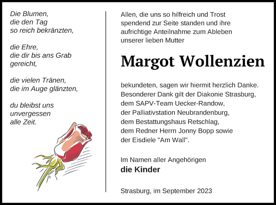 Traueranzeige von Margot Wollenzien von Pasewalker Zeitung