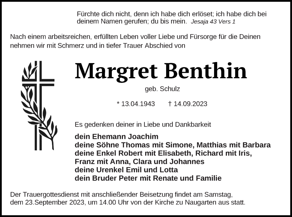  Traueranzeige für Margret Benthin vom 16.09.2023 aus Prenzlauer Zeitung