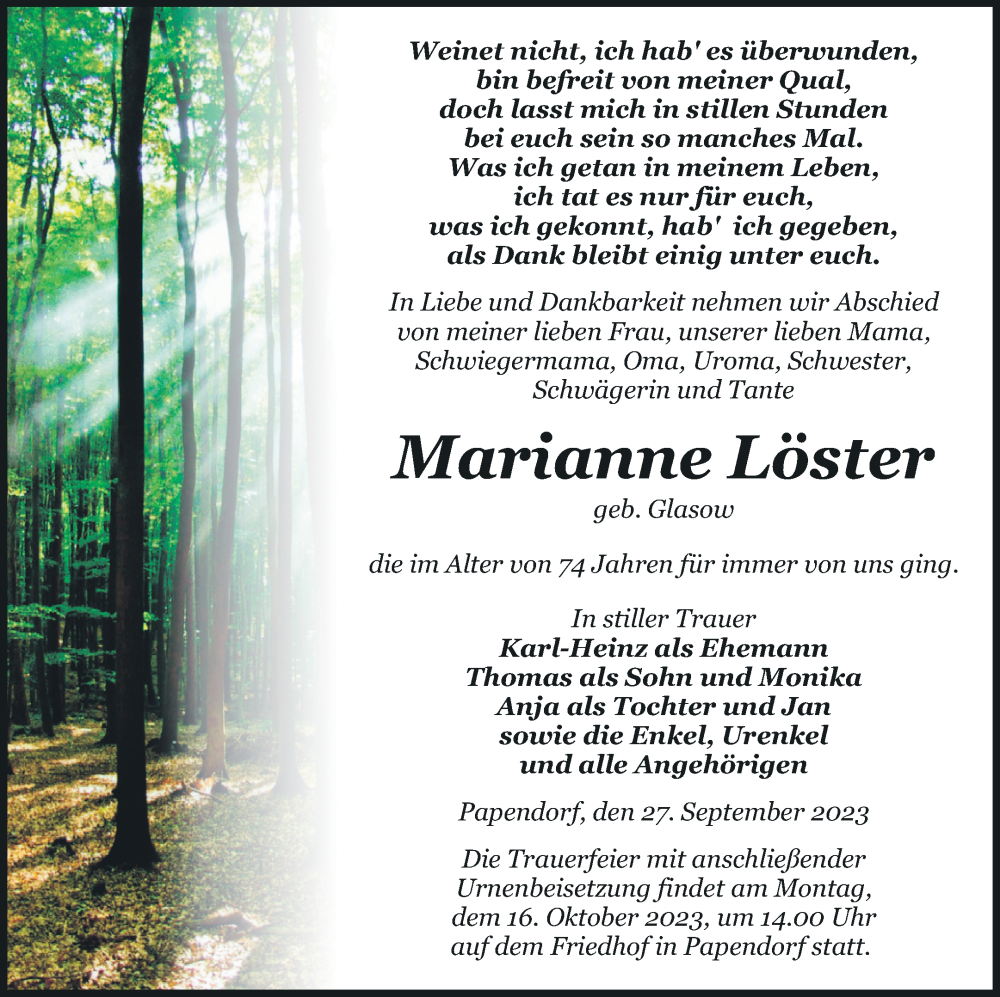  Traueranzeige für Marianne Löster vom 30.09.2023 aus Pasewalker Zeitung