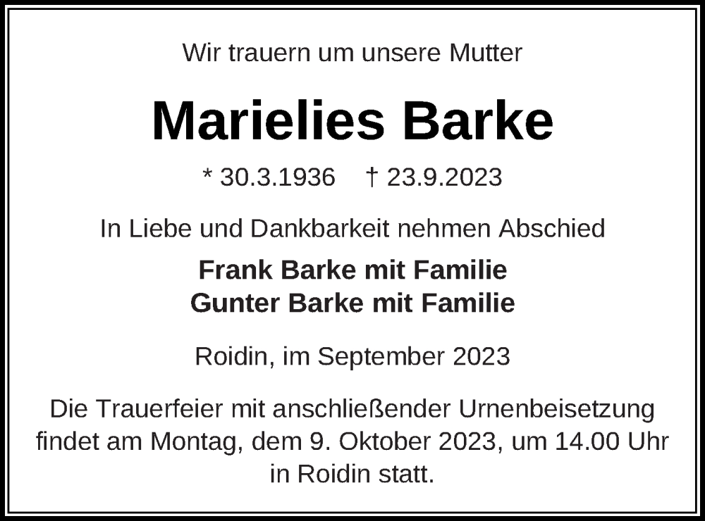  Traueranzeige für Marielies Barke vom 30.09.2023 aus Demminer Zeitung