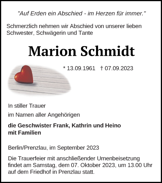 Traueranzeige von Marion Schmidt von Prenzlauer Zeitung