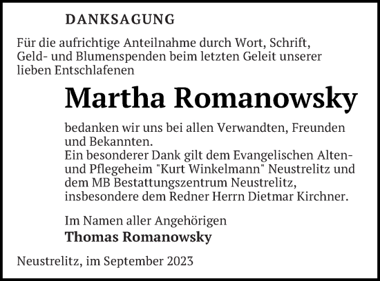 Traueranzeige von Martha Romanowsky von Strelitzer Zeitung