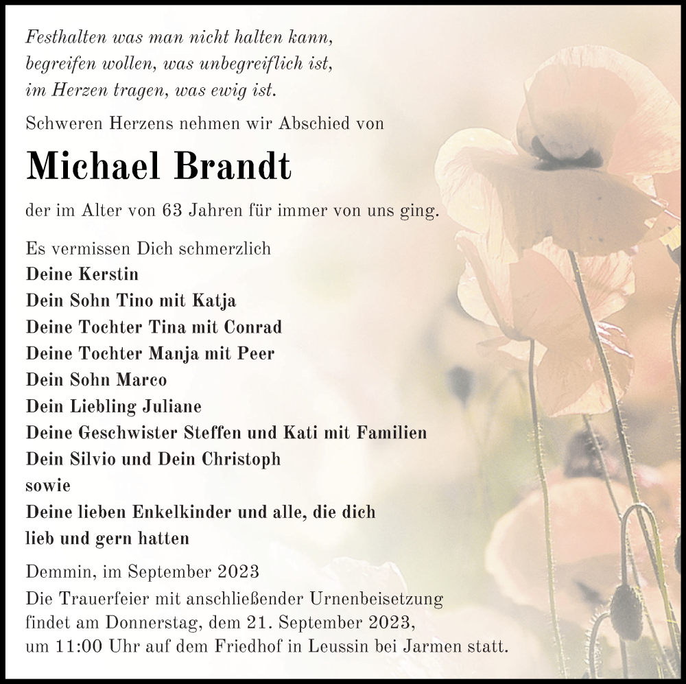  Traueranzeige für Michael Brandt vom 14.09.2023 aus Vorpommern Kurier