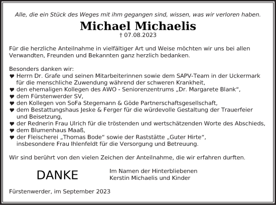 Traueranzeige von Michael Michaelis von Prenzlauer Zeitung