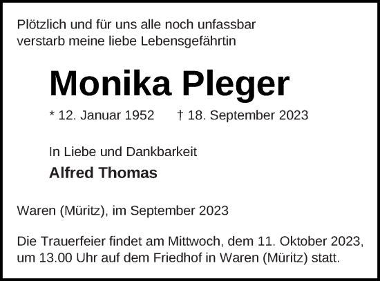 Traueranzeige von Monika Pleger von Müritz-Zeitung