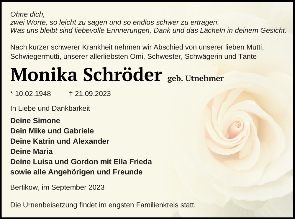  Traueranzeige für Monika Schröder vom 30.09.2023 aus Prenzlauer Zeitung