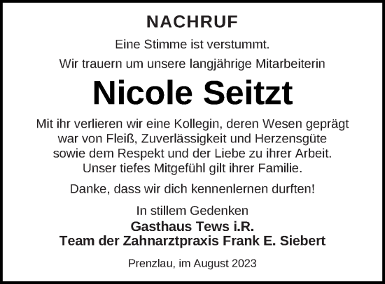 Traueranzeige von Nicole Seitzt von Prenzlauer Zeitung