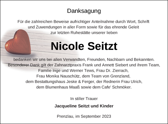 Traueranzeige von Nicole Seitzt von Prenzlauer Zeitung