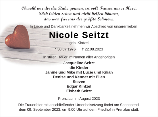 Traueranzeige von Nicole Seitzt von Prenzlauer Zeitung