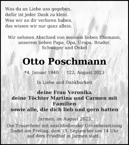 Traueranzeige von Otto Poschmann von Vorpommern Kurier