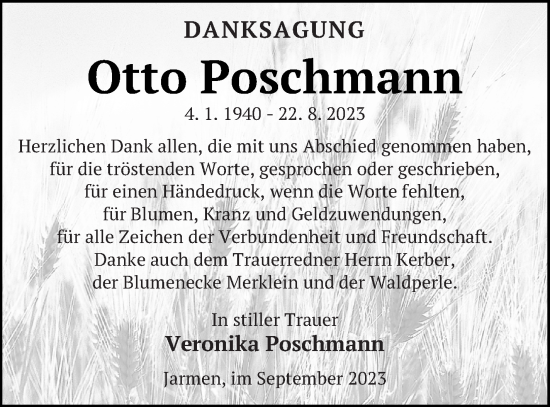 Traueranzeige von Otto Poschmann von Vorpommern Kurier