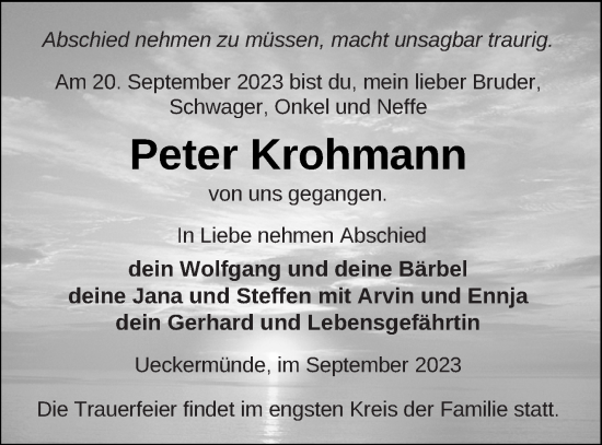 Traueranzeige von Peter Krohmann von Haff-Zeitung