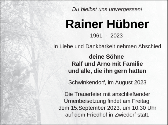 Traueranzeige von Rainer Hübner von Mecklenburger Schweiz