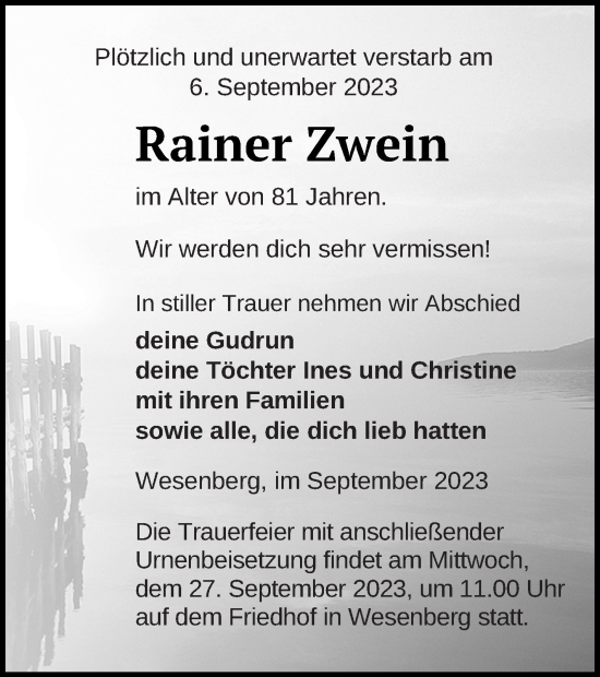 Traueranzeige von Rainer Zwein von Strelitzer Zeitung