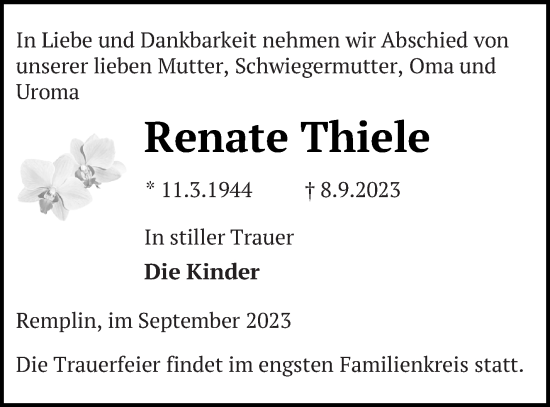 Traueranzeige von Renate Thiele von Mecklenburger Schweiz