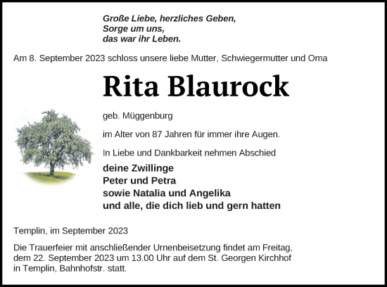 Traueranzeige von Rita Blaurock von Templiner Zeitung