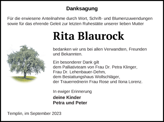 Traueranzeige von Rita Blaurock von Templiner Zeitung